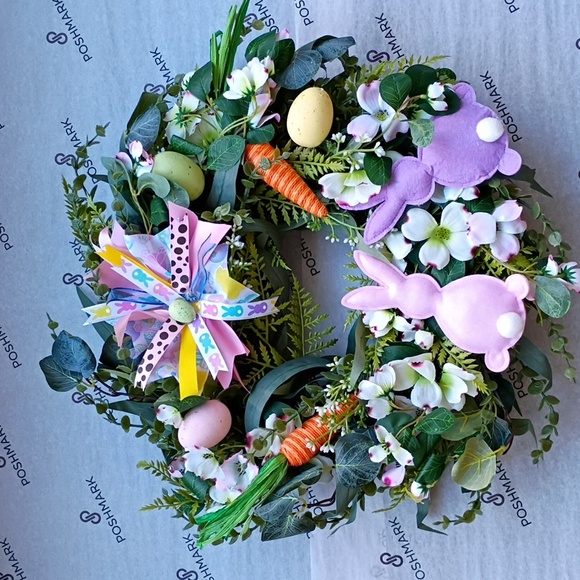 handcrafted Other - Easter Wreath with Bunnies Eggs Carrots Flowers and Greenery